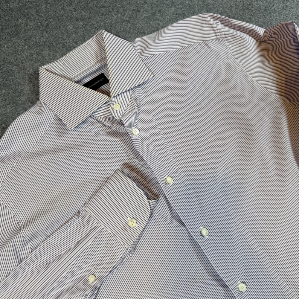 Ermenegildo Zegna Shirt Mens 16 Purple Stripe Regular Fit Long Sleeve Dress